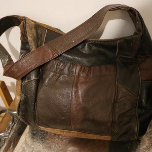 American Handmade Brown Camel Patchwork Leather Satchel Shoulder Bucket Bag